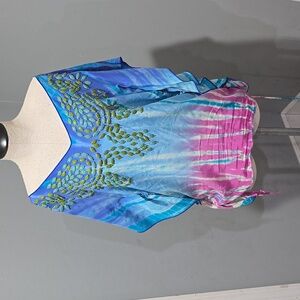 Hale Bob Pink & Blue Tie Dye Embelished Silk Tunic Top - Size XS